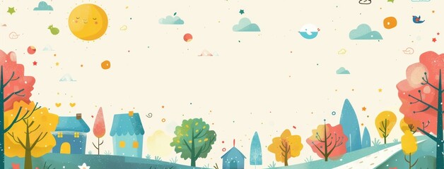 Fototapeta premium Whimsical Autumn Town: A picturesque town nestled amidst vibrant autumn foliage, with whimsical details like flying birds and a smiling sun, creating a charming and inviting atmosphere. 