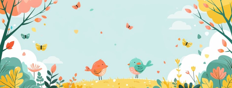 A Tweet of Love: Two birds twitter amidst autumn's warm embrace, butterflies fluttering in a whimsical celebration of nature's beauty. 