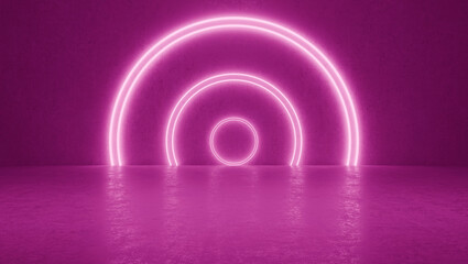 Neon circle in the purple background room. 3d rendering