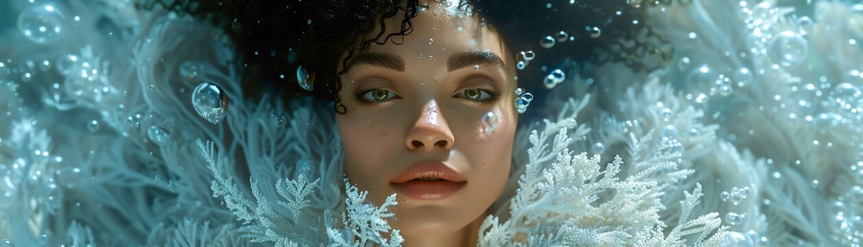 High-angle view of a model in dystopian fashion, submerged in an underwater world, adorned with seaweed and coral elements, CG 3D rendering, muted color palette, ethereal lighting