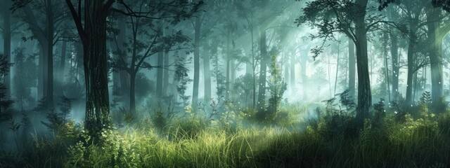 Obraz premium Enchanted Forest: A Mystical Journey Through a Foggy Grove