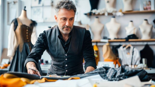 A fashion designer examines fabric samples in a studio, surrounded by mannequins and designs - Powered by Adobe