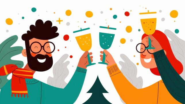 Illustration of a cheerful couple with glasses in hand, toasting to celebrate with confetti around and Christmas tree in background, showcasing happy festive moments.