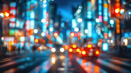 Vibrant city nightlife with colorful neon lights and blurred motion of urban streets, capturing the essence of a bustling metropolis after dark.