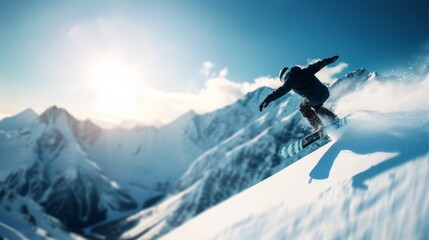 A snowboarder is riding down a mountain slope