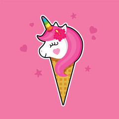 Unicorn ice cream icon. Cute kawaii sticker of funny unicorn ice cream, rainbow horn, tropical flower, stars, hearts. Colorful elements for kids design. Waffle cone, summer food. Baby shower design