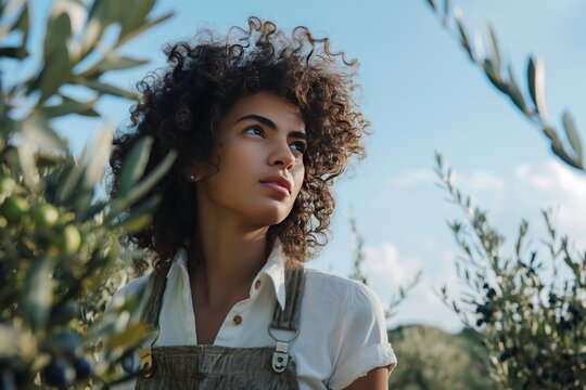 Young Woman in Olive Grove - A young woman with curly hair standing among olive trees, ideal for projects on agriculture, nature, and rural beauty. - Powered by Adobe