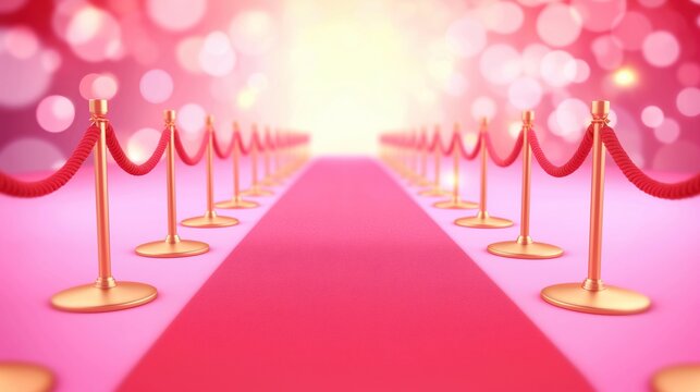 Cartoon 3d illustration of red carpet with golden stayers and ropes on both sides.