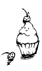 Vector cartoon illustration of a smiling creamy dessert in a round decorative paper cup with sweet one sweet cherry on top and another one surprised fallen in bottom left corner