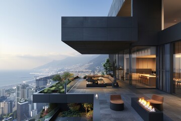 Obraz premium Sleek urban balcony with panoramic city view, natural light, and modern furniture, creating a chic and inviting space