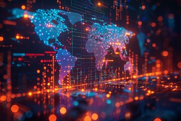 A holographic projection of a world map highlighting sustainable development goals Techinspired Hologram Dark background with vibrant holographic elements