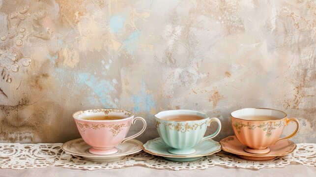 vintage tea party, invitation design with elegant teacups on lace, perfect for a tea party background allows for customizable text - Powered by Adobe