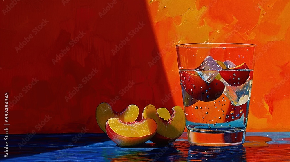 Sticker a painting of a glass of water beside half an orange and half a grapefruit