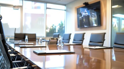 Naklejka premium Empty conference room with a large screen and a table for meetings.