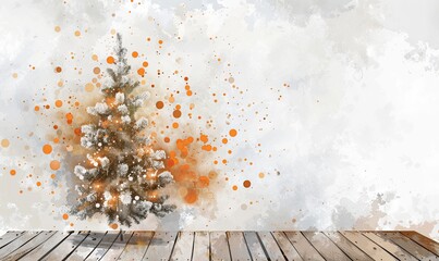 an empty wooden table in a setting with a christmas tree, in the style of light white and light brown, multilayered texture, bokeh, light orange and light gray