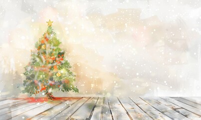 an empty wooden table in a setting with a christmas tree, in the style of light white and light brown, multilayered texture, bokeh, light orange and light gray, organic