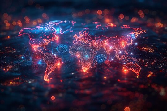 A holographic projection of a world map highlighting sustainable development goals Techinspired Hologram Dark background with vibrant holographic elements