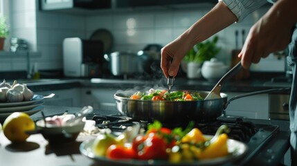 Closeup of a woman cooking vegetables in a pan on the stove.