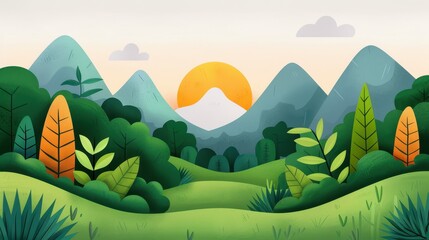 Obraz premium A peaceful scene featuring rolling green hills, tall trees, and a golden sunrise with silhouetted mountains in the background, representing tranquility and natural beauty.