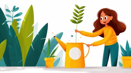A charming image showing an individual watering a plant with a large bright yellow watering can amidst a vibrant, green background, symbolizing growth and care.