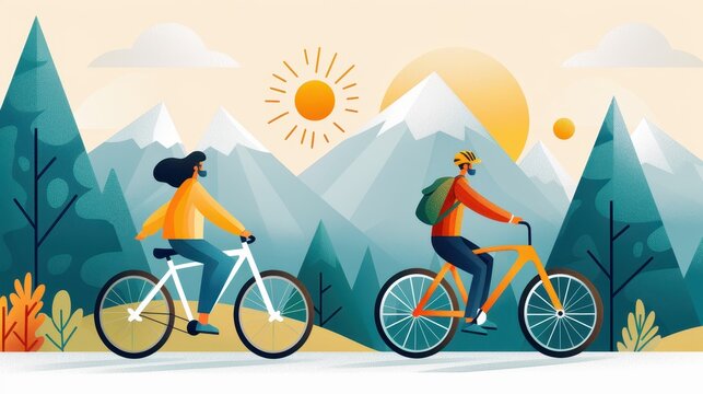 Two cyclists on a bright and sunny day enjoy biking through a picturesque mountainous landscape with snow-capped peaks and lush greenery, embodying outdoor excitement and adventure.