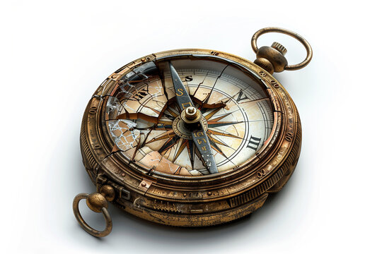 compass with cracked glass, renaissance style, vintage detailed, white background