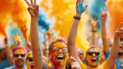 Photo of a crowd having the time of their lives celebrating with colorful powders during a festival, filled with joyous expressions, vibrant hues, and dynamic energy.