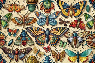 Fototapeta premium Whimsical hand-drawn illustrations of butterflies, moths, beetles, and other insects showcase intricate details and vibrant colors in a beautiful, stylized natural history collection.