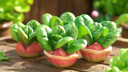   A close-up photo of a potted plant on a wooden table, surrounded by other potted plants in the foreground