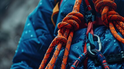 Close-up of climbing rope and carabiner on outdoor jacket in rain