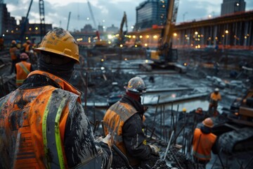 Workers at a construction site overseeing various machinery and equipment, indicating a bustling and busy work environment focused on building infrastructure.