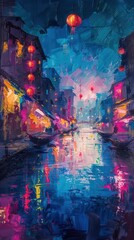 Expressive abstract Asian city with vibrant brushstrokes, busy compositions, algorithmic artistry, romantic riverscape, colorful hues, dynamic perspective,