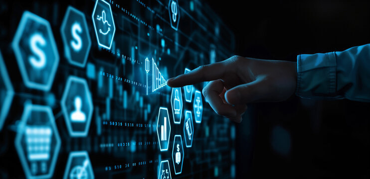 A hand is pointing at the screen, with various financial icons floating in front of it and hexagons containing dollar signs on a dark blue background. - Powered by Adobe
