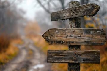 Rustic wooden signpost with three empty directional boards in forest