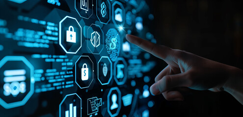 A hand is pointing at the screen, with various financial icons floating in front of it and hexagons containing dollar signs on a dark blue background.