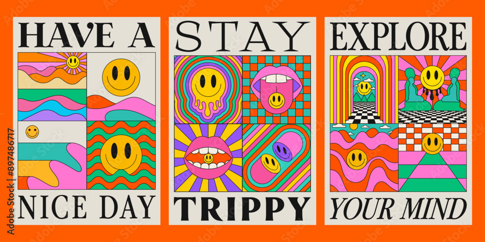 Canvas Prints Cool Groovy Abstract Geometric Posters Collection. Trendy Set Of Pop Art Smile Y2k Placards. Acid Psychedelic Geometric Pattern.