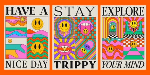 Cool Groovy Abstract Geometric Posters Collection. Trendy Set Of Pop Art Smile Y2k Placards. Acid Psychedelic Geometric Pattern.