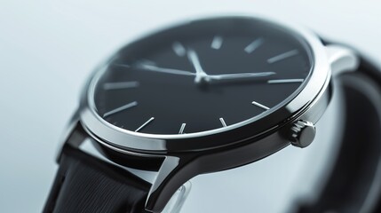 Classic and elegant wristwatch with black dial, silver case, and leather strap. Timepiece on white background for clear visibility.