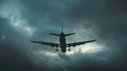 Obraz premium Silhouetted commercial plane landing in cloudy sky on cold morning