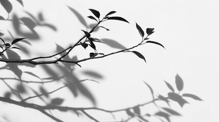 Elegant Black Tree Branch with Small Leaves Shadow Isolated on White Wall for Minimalistic and Elegant Nature Inspired Design or Product Presentation
