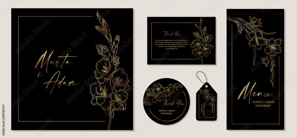 Wall mural Set of black wedding invitation cards with gold flowers gladiolus and floral elements. Vector illustration