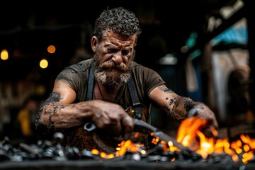 A dedicated blacksmith is intensely focused as he works with heated iron in a traditional forge, showcasing the age-old craftsmanship and fiery environment of the forge.