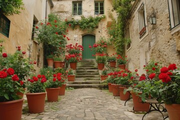 Naklejka premium Quaint stone alleyway with potted flowers and charming steps leading to an old-world atmosphere