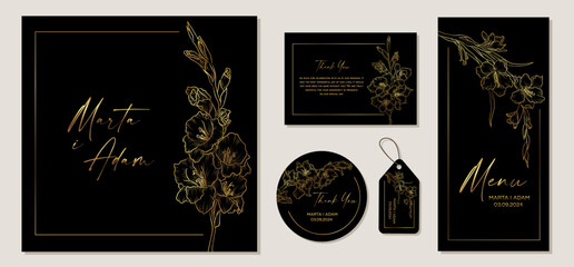 Set of black wedding invitation cards with gold flowers gladiolus and floral elements. Vector illustration