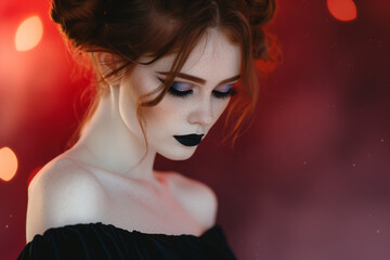 Fototapeta premium Stunning portrait of gothic woman with dramatic makeup and elegant hairstyle, against misty red background of soft colorful lights capturing sense of theatricality and artistry