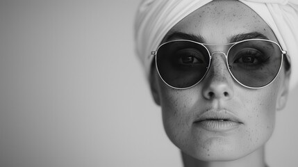 A black and white photograph featuring a stylish woman wearing a head wrap and sunglasses, exuding an aura of elegance and confidence with a minimalist background.