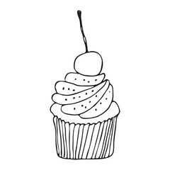 Cherry cupcake. Cream and cherry dessert. Hand drawn vector illustration. Black and white sketch.