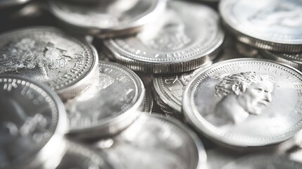 Shiny Silver Coins Stack on Clean White Background. Isolated Display of Canadian Quarters in Vintage Style for Background or Design.