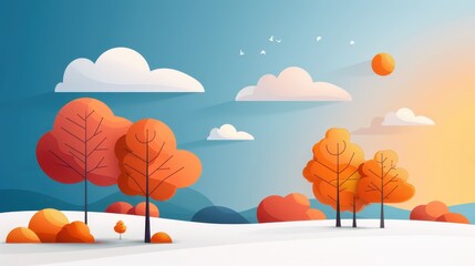 A peaceful autumn landscape featuring leafless and leaf-covered trees, a gentle sky with clouds and birds, and bright sunlight creating a warm, serene environment.