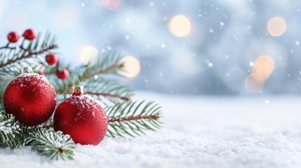Two red Christmas ornaments are on a pine tree branch